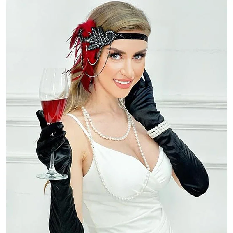 1920's Headband Costume Props Charleston accessories Flapper Headpiece Great Gatsby feather beaded hair band резинки для волос view 6