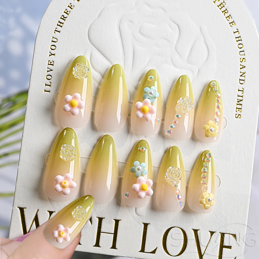 

24Pcs 3D Acrylic Flower Amond False Nails Gradient Pink Green Daily Press On Nail Full Cover Wearable Fake Nail Tips for Women#*
