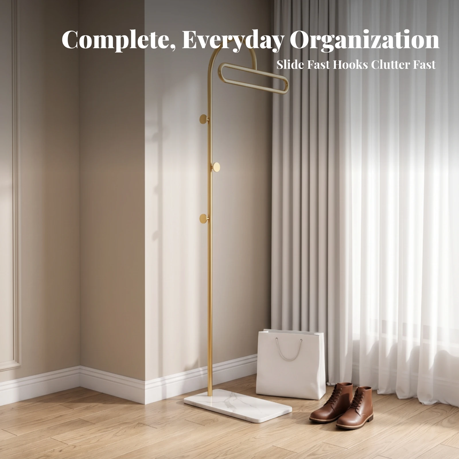 Clothes Rack with Stone Base Stable Garment Rack with Side Hooks Coat Stand Sturdy Furniture Modern for Bedroom, Entryway