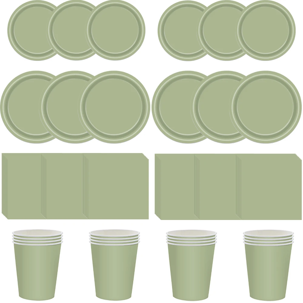 Solid Sage Green Sets Birthday Decoration Party Disposable Paper Napkins Cups Plates Tablecloths Party Supplies