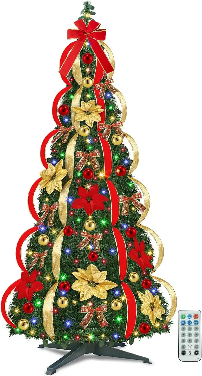 

Выдвижная рождественская елка с предварительной подсветкой, 6 футов, 200 светодиодными фонарями, украшениями, лентами и бантами — декор для дома и улицы