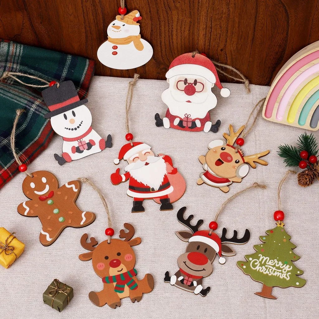Wooden Christmas Hanging Ornament Cute Assorted Christmas Tree Pendant Decorative Tag for Indoor Outdoor Holiday Decoration