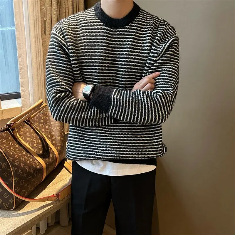 

Fashion Striped Spliced Pullovers Knitted Men's Clothing Contrasting Colors Autumn Winter Casual Loose Basic Round Neck Sweaters