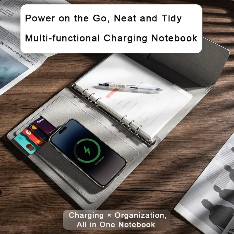 Multi-Function Notebook 8000mAh Wireless Charging 3-in-1 Cable and Card Slots A5 Clock Notebook for Business Office Travel
