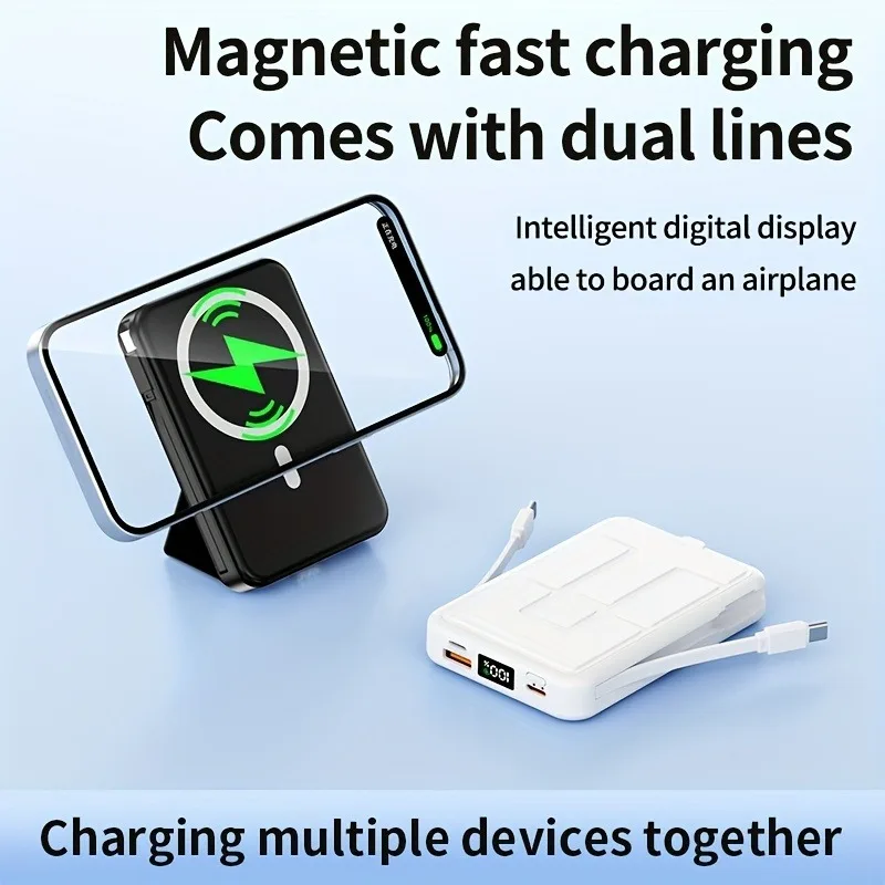 

10000mAh Magnetic Power Bank Portable Wireless Charger with Cable Fast Charging External Battery Stand for IPhone Samsung