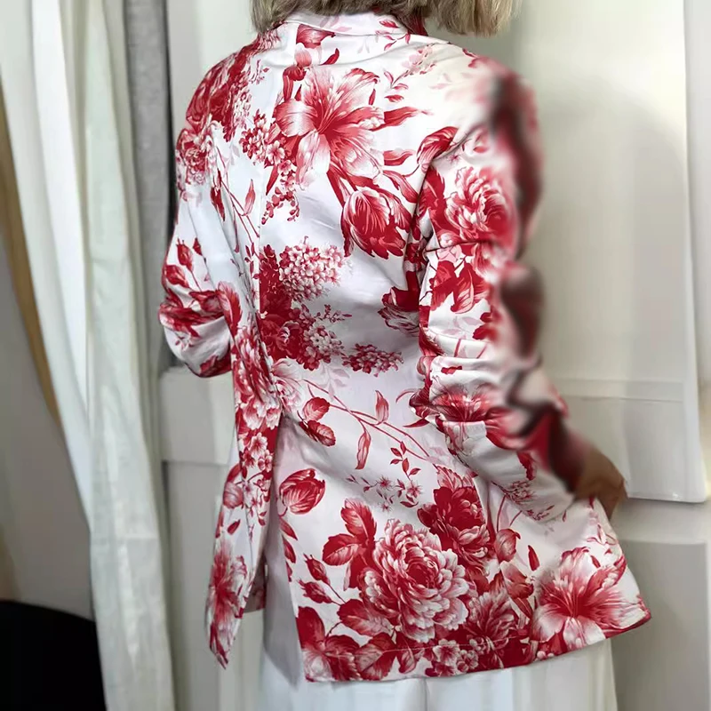 Red Printed Single Button Slim Outwear Autumn Winter Lady Lapel Long Sleeved Blazer Coat Elegant Temperament Pocket Party Jacket