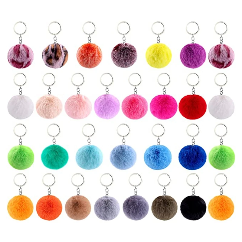 30Pieces Pom Keychains Set with Fluffy Faux Fur Pompom Tassels and Keyrings  key chains