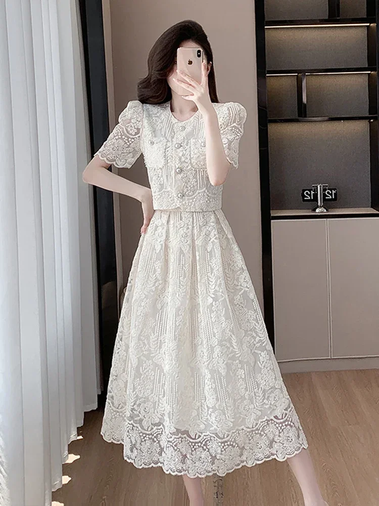 

Женский комплект из 2 предметов NMZM, летний кружевной однобортный короткий топ с вышивкой и цветочным принтом и юбка-трапеция миди