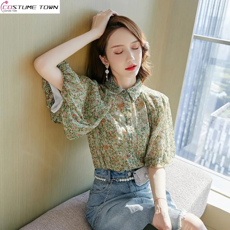 

2024 Summer Temperament Short Sleeved Fragmented Chiffon Shirt Simple and Elegant Bubble Sleeves Doll Neck Shirt Top