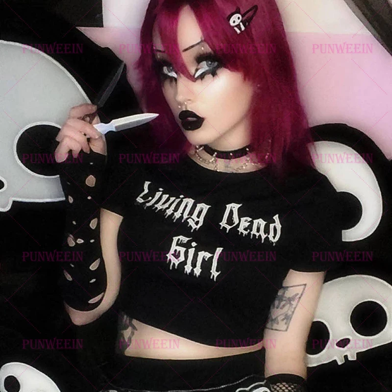 

Living Dead Girl Gothic T-shirt Women Vintage Harajuku SweetGirls Letter Print Tops Streetwear Sexy Slim Emo girls Y2K Crop Tops