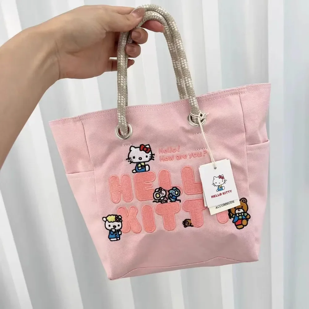 Bolso de mano Kawaii Hello Kitty, bolso de hombro bordado de lona, bolso de mano rosa de gran capacidad con dibujos animados para estudiantes