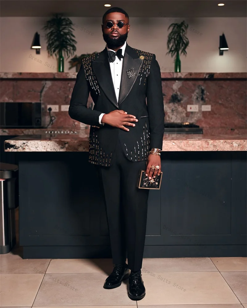 

Luxury Crystals Black Men Suit Set 2 Piece Blazer+Pants Trousers Customized Formal Office Jacket Male Groom Wedding Tuxedos Coat