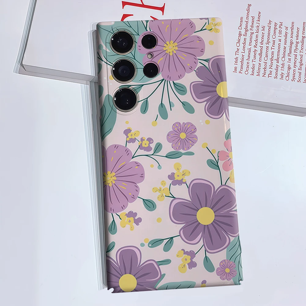 Pink & Purple Floral Phone Case for Samsung Galaxy S26 S25 Ultra S24 S23 Ultra Plus Glossy Double-layer Back Cover