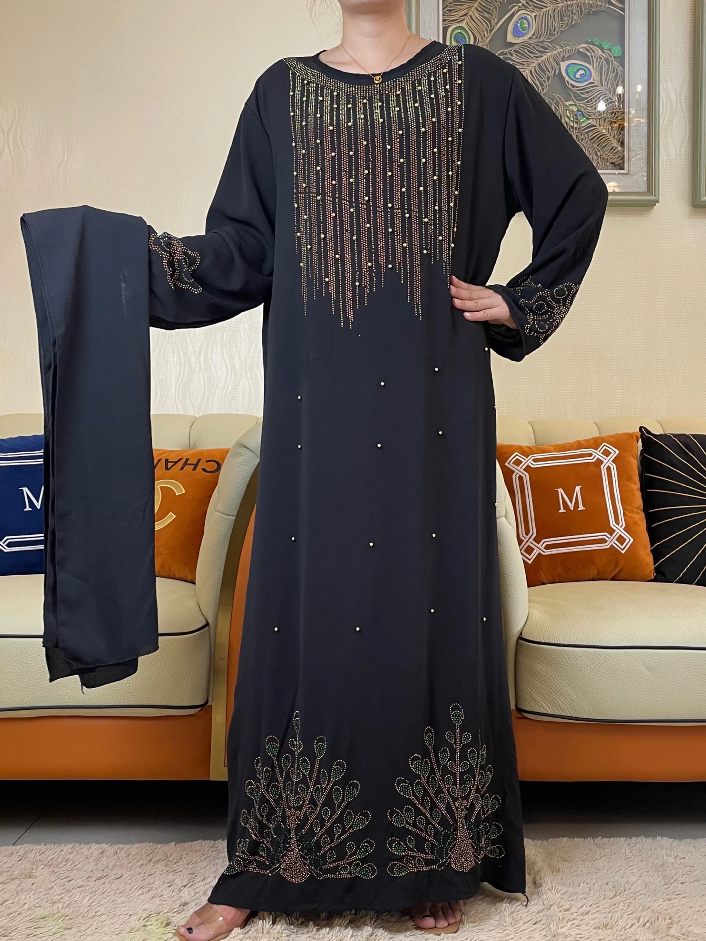 2022 Autumn Abaya Muslim Woman Long Sleeve Dress Ramadan Prayer Diamonds Kaftan Arabic Islamic Clothing Robe Moroccan Caftan