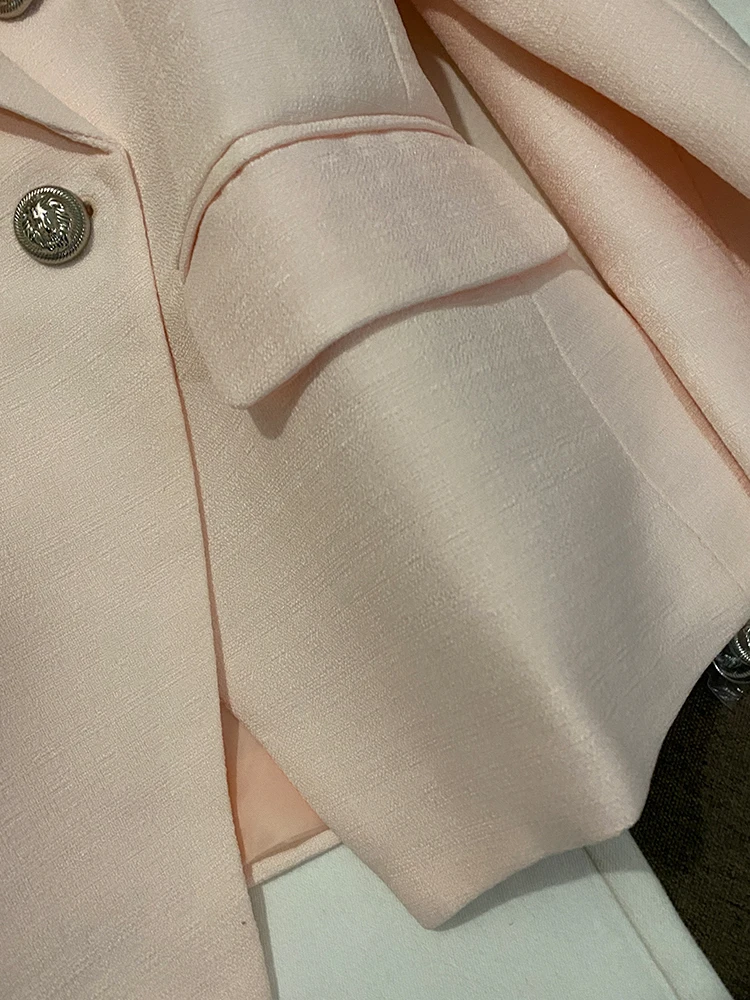 Faionable lichtroze damespak Jaet Commute Sle Slim Fit Lange Sve jas met knoopdetail en normale lengte