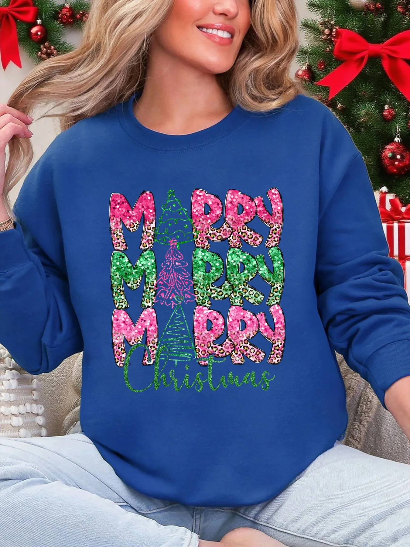 

Merry Christmas Color Font Prints Womens Pullover All-Match Hip Hop Sweatshirt Fleece Loose Clothes Casual Soft Sportswears