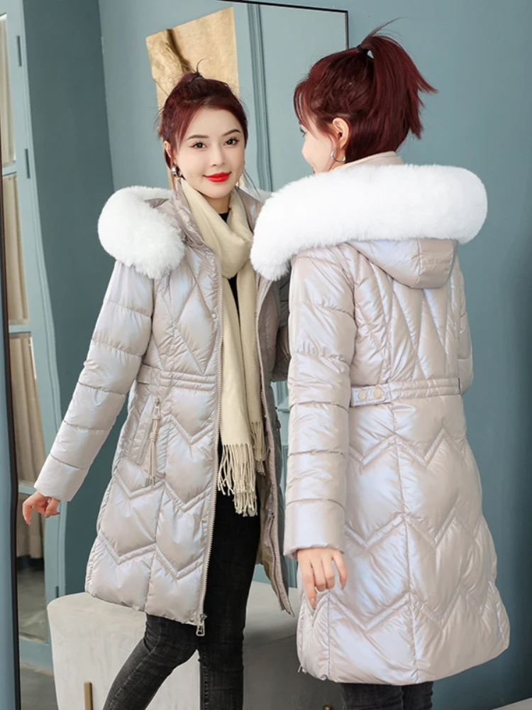 

Colorful Shiny Women's Down Cotton Jacket 2023 Korean Hooded Cotton Padded Coat Female Fashion Long Coat Loose Snow Wear Outwear