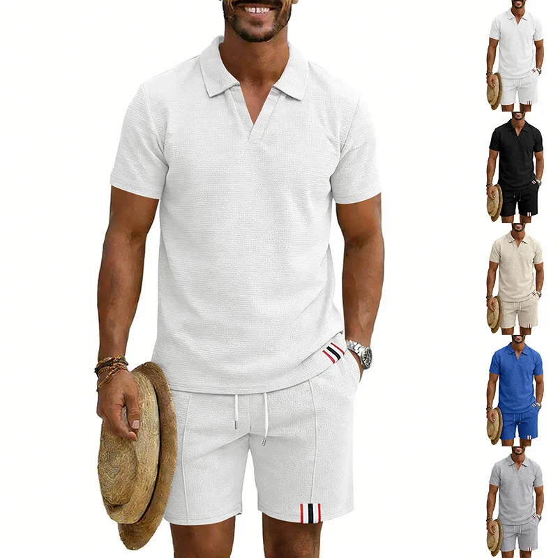 

Men's waffle simple suit, woven label American seagull collar casual POLO short-sleeved shorts suit