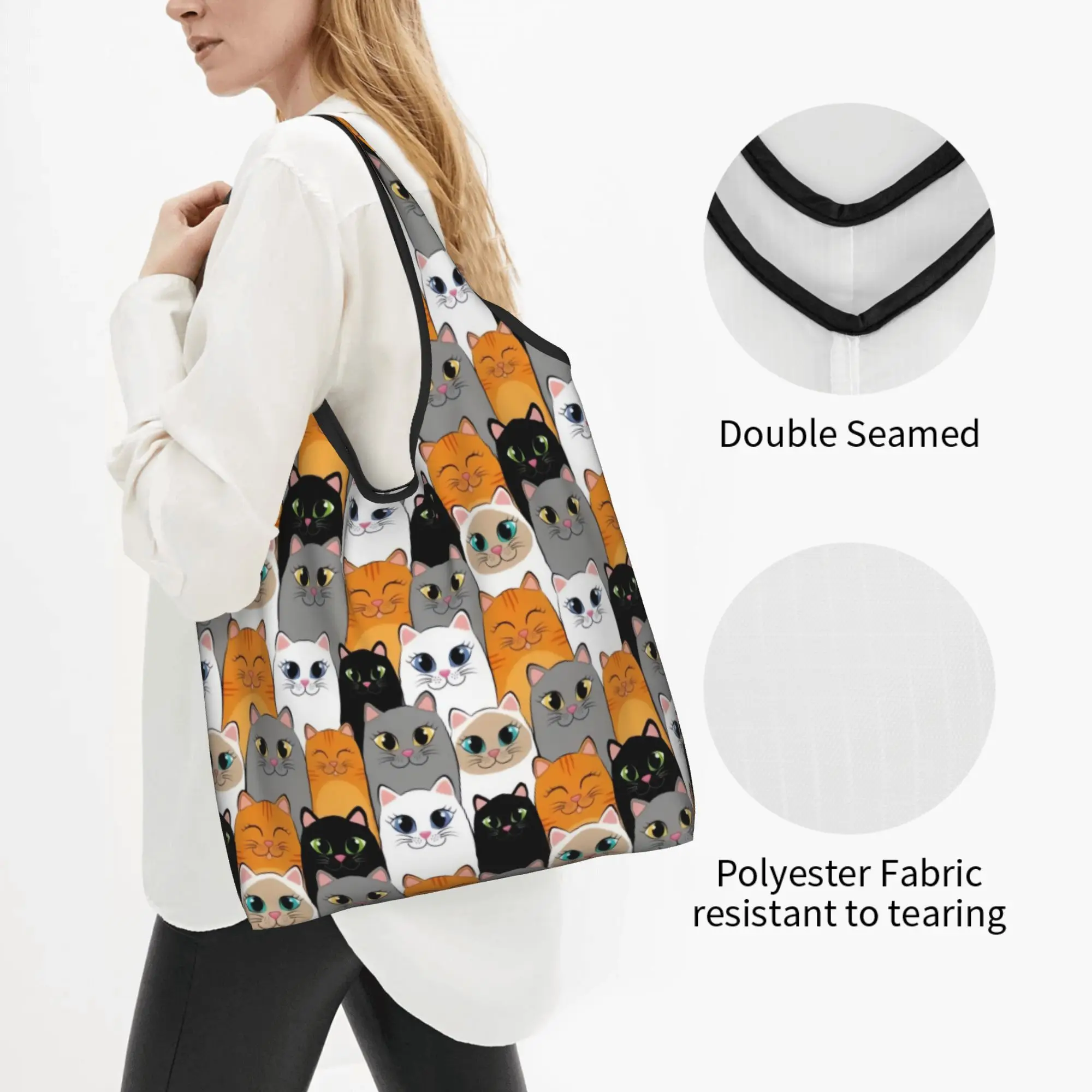 Custom Cat Seamless Pattern Colourful Creative  Shopping Bags Women Portable Large Capacity Groceries  Tote Shopper Bags