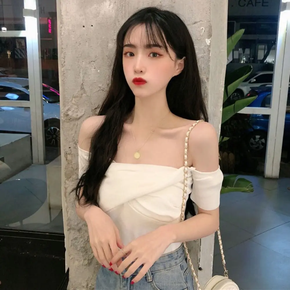 عبر طوق قبالة الكتف المحاصيل القمم بلون الملابس النسائية تي شيرتات قصيرة الاكمام قاع قميص سليم تي شيرت النساء الطرف #5