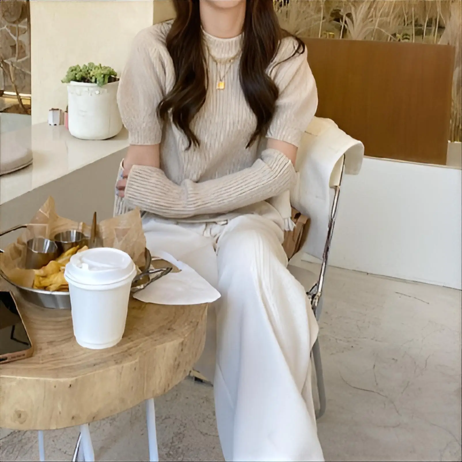 

Detachable Sleeve Knitted Sweater Women Summer Knit Openwork Net Petal Scalloped U-Neck Halter Outings Resort Transparent Style