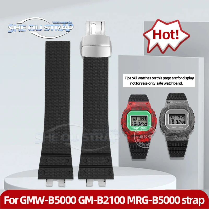 Black Fluororubber Watch Band For Casio GMW-B5000 GM-B2100 MRG-B5000 FKM Watch Strap gmw b5000 With Men's Modify FKM Strap