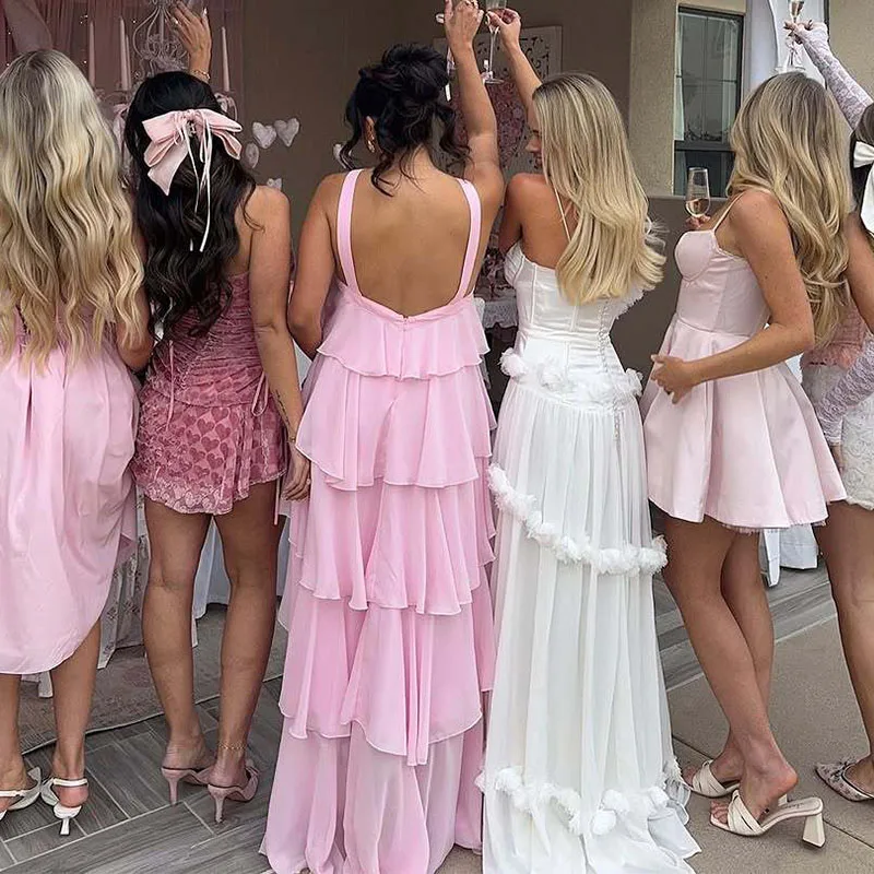 ผู้หญิง Ruffles Layered ฤดูร้อนหญิงชีฟองหรูหราแขนกุดปุยชุดยาวสีทึบ Lady Beach Robes