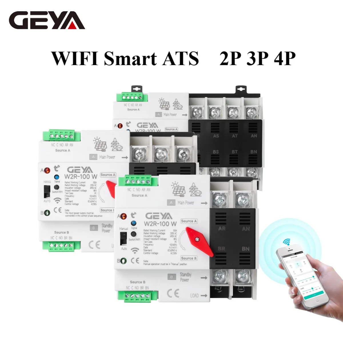 WiFi Smart Remote Control ATS 2P 3P 4P 230V Dual Power Automatic Transfer Switch Selector Uninterrupted Power Timer 100A
