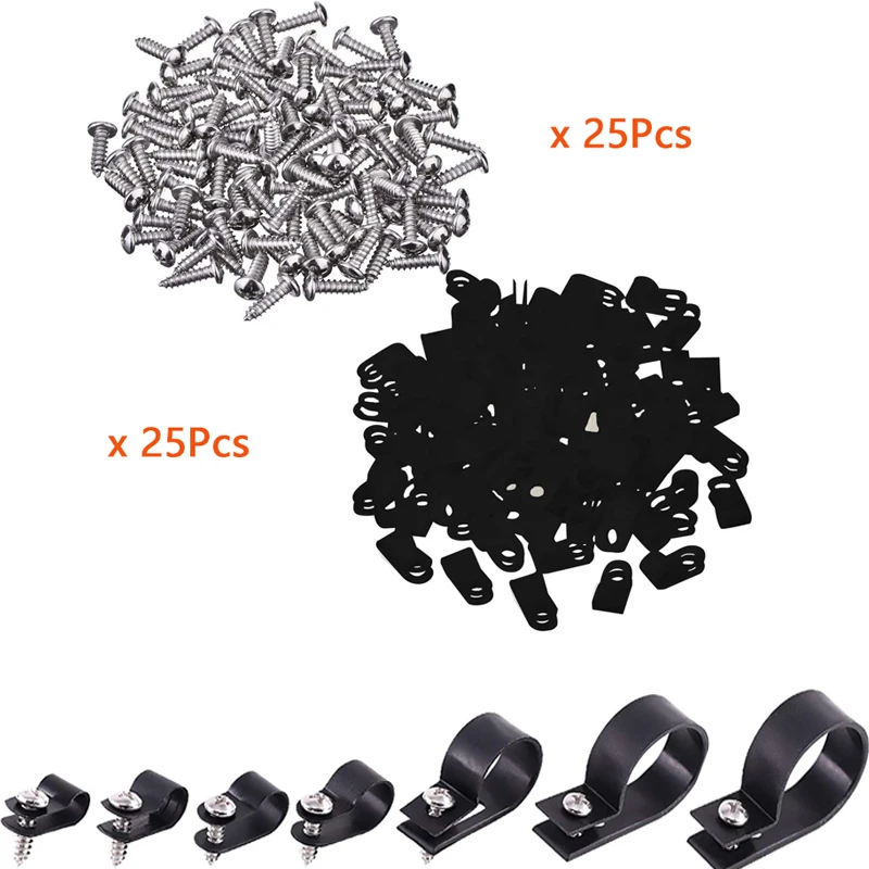 25X ID 5/6.3/8/9.4/12/19/28mm Black Nylon R Shape Cable Clamp Clip with 25 Screws Wire Electrical Hose Loop Fixer Holder