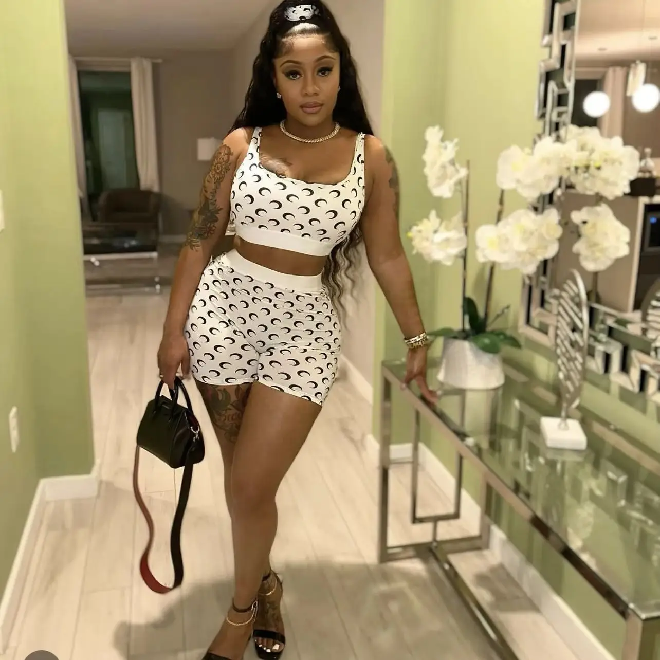 

2026 Sexy Slimming Tank Vest Top + Short Pants Set Fashion Moon Tooth Print 2PCS Suit New Arrival roupas feminina conjuntos