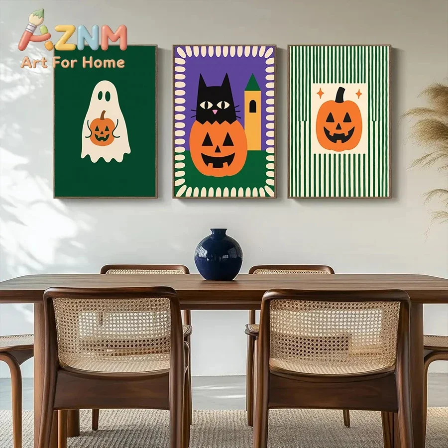 Boho Halloween Canvas Poster Minimalist Jack-o-lantern & Ghost Wall Art Cartoon Black Ca Aesthetic Autumn Party Wall Decoration