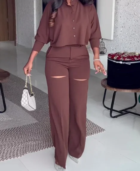 Two Piece Set Women Outfit 2023 Spring Fashion Solid Lapel Long Sleeve Shirt & Casual High Waist Wide Leg Hollow Out Pants Set