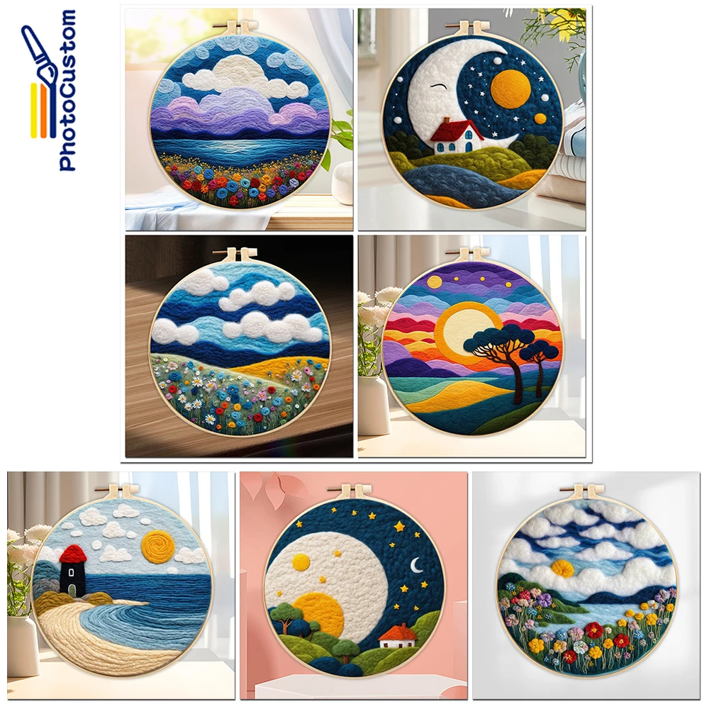 

PhotoCustom Wool Felting Painting Kit With Frame Starry Landscape Diy Felt Package For Home Decoration Crafts 20x20cm Frame New
