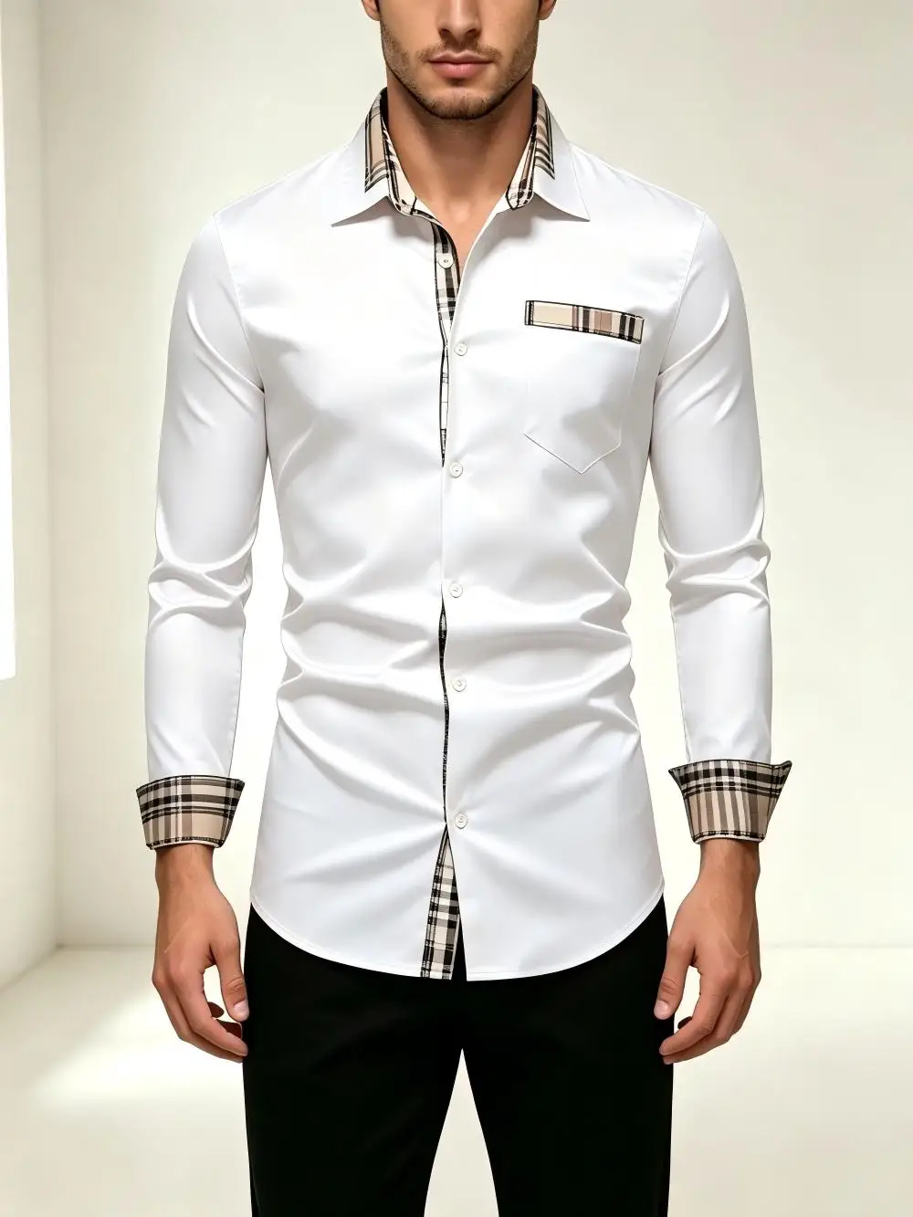 Men's casual business plaid patchwork long sleeved shirt, suitable for daily commuting wear, with a variety of colors and sizes