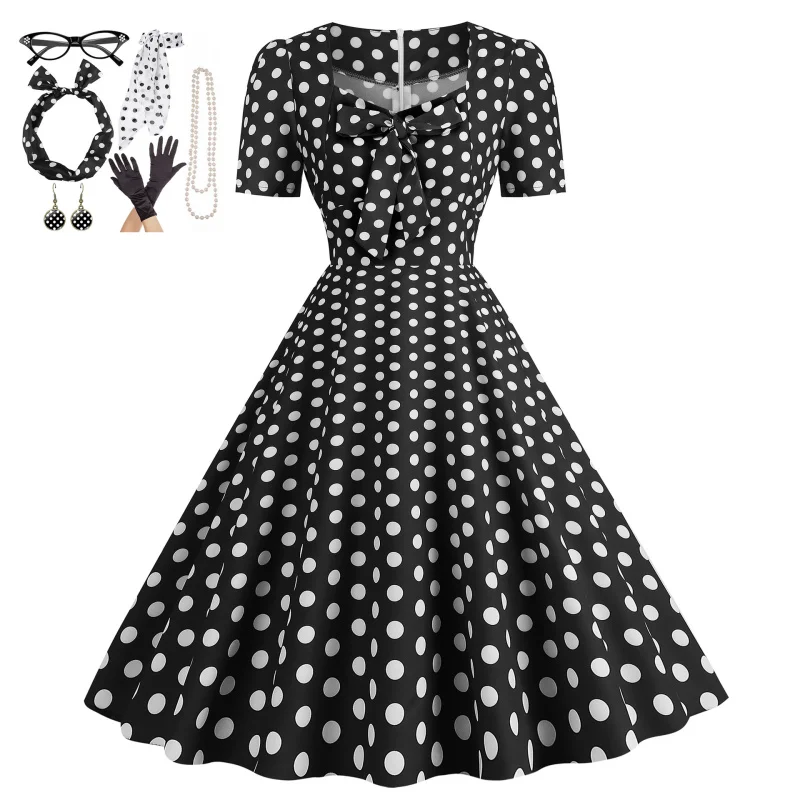 

7 pc/set Women's A-line Rockabilly Dress Polka Dots Swing Dress with Jewelry set Hepburn 1950s 50s Retro Party Dresses