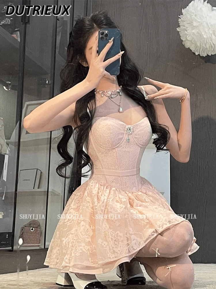 

Elegant Sweet and Cute Fashion French Style Diamond Lace Suspender Dresses for Women Waist and Thin Fluffy Princess Dress Summer
