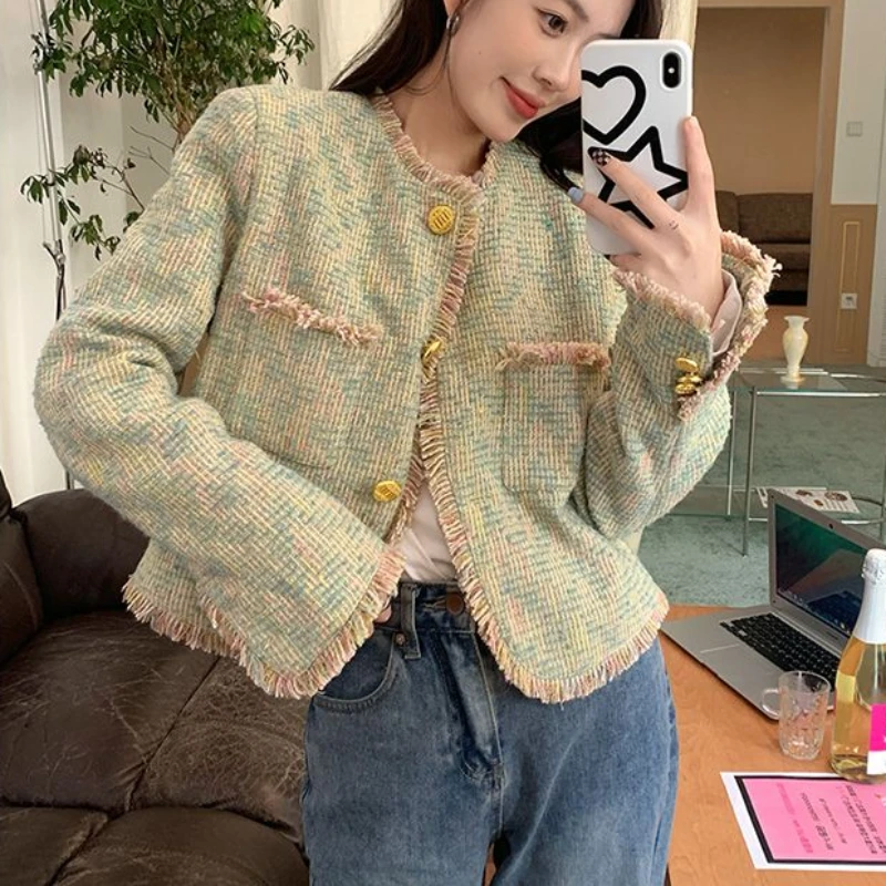 

Korean Fashion Women Long Sleeve Tweed Short Jacket Y2K Autumn Spring O-neck Cropped Tops Coat Casual High Street Ladies Outwear