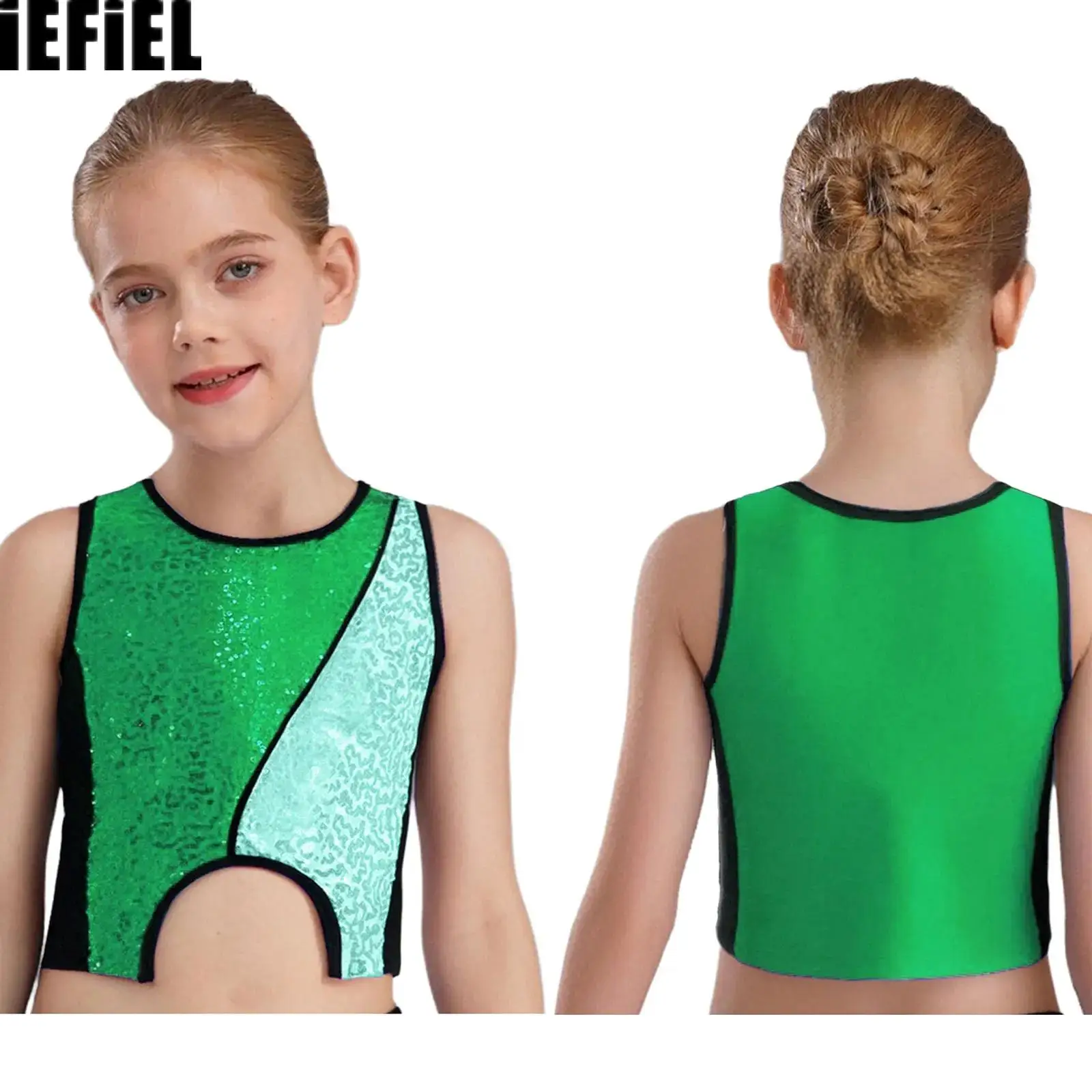 

Kids Girls Jazz Dance Tops Color Block Patchwork Sparkly Sequins Vest Asymmetrical Hem Vest Costume