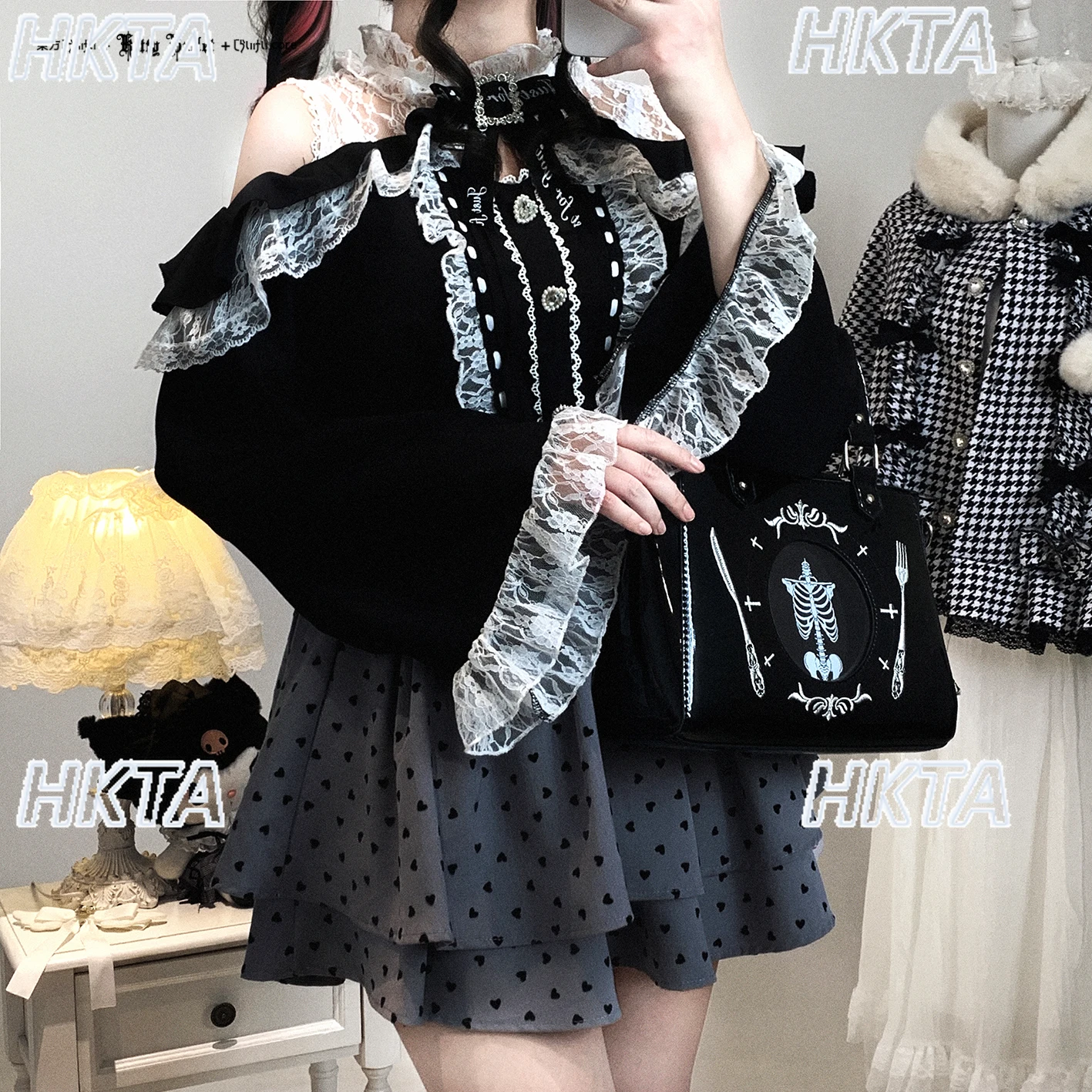 اليابانية لوليتا ركاب الجولة الرقبة خارج على الكتف طويلة الأكمام قميص أسود أعلى المرأة الخريف الحلو الدانتيل خياطة الدانتيل بلوزة #2