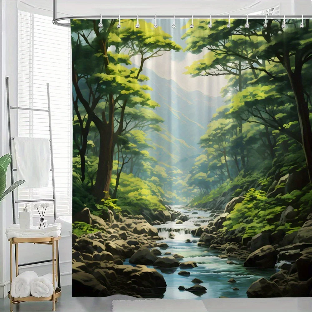 

Tranquil Forest Stream Shower Curtain, Misty Mountains & Greenery, Polyester, 12 Hooks