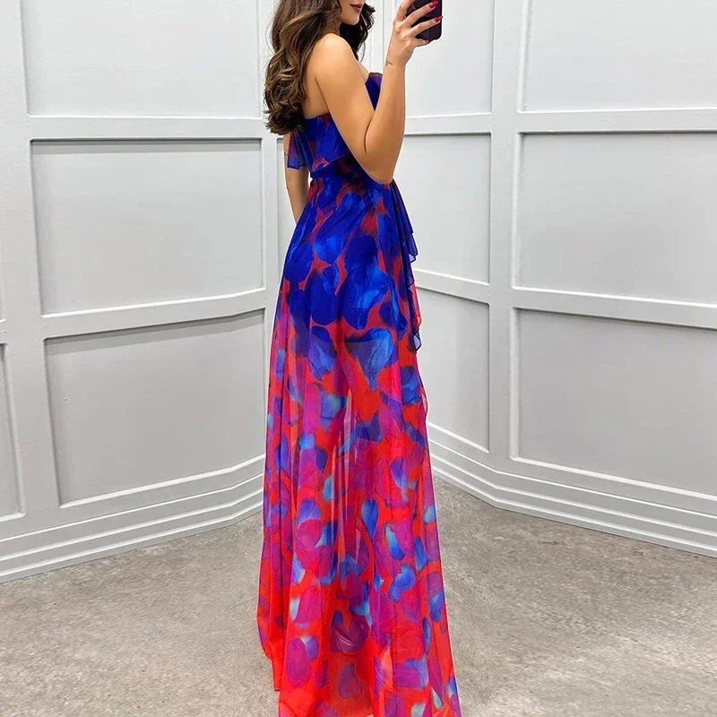 Elegante sexy fora do ombro gradiente irregular vestido de festa feminino babado flor impressão bohe vestidos longos drapeado chique vestido de noite