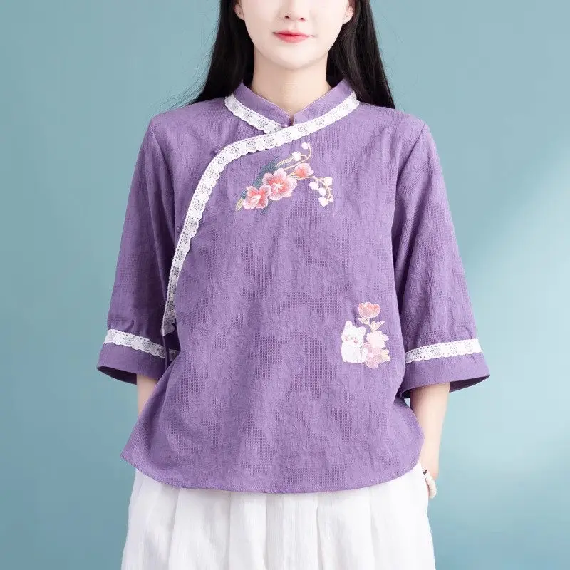 

2023 Spring/Summer Cotton Linen Short Sleeve Shirt For Women's Chinese Style Retro Art Button Embroidered Stand Collar Top Z1571