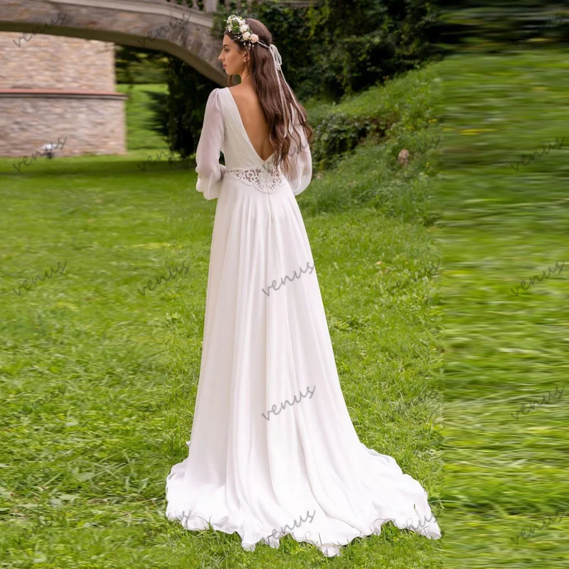 Robe de mariée bohème en mousseline de soie, robes de longueur au sol, robes à manches longues bouffantes, quelque soit le patient, dentelle appliquée, vintage, éducatif, 2024