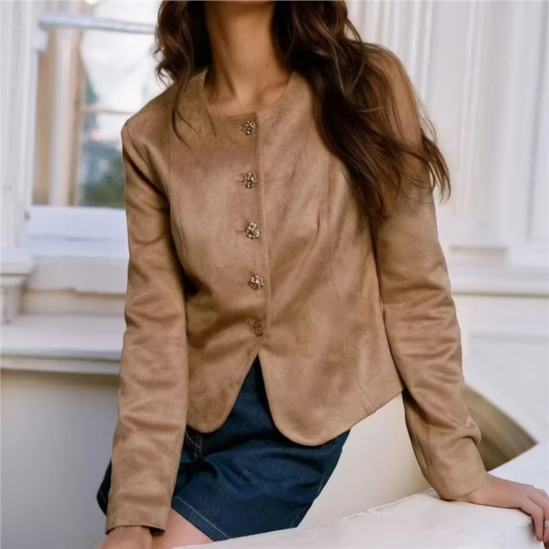 

ZEMOREXMZ осенне-зимняя новая женская повседневная пригородная куртка, универсальная верхняя куртка в стиле ретро с круглым вырезом, ленивый ветер 2025