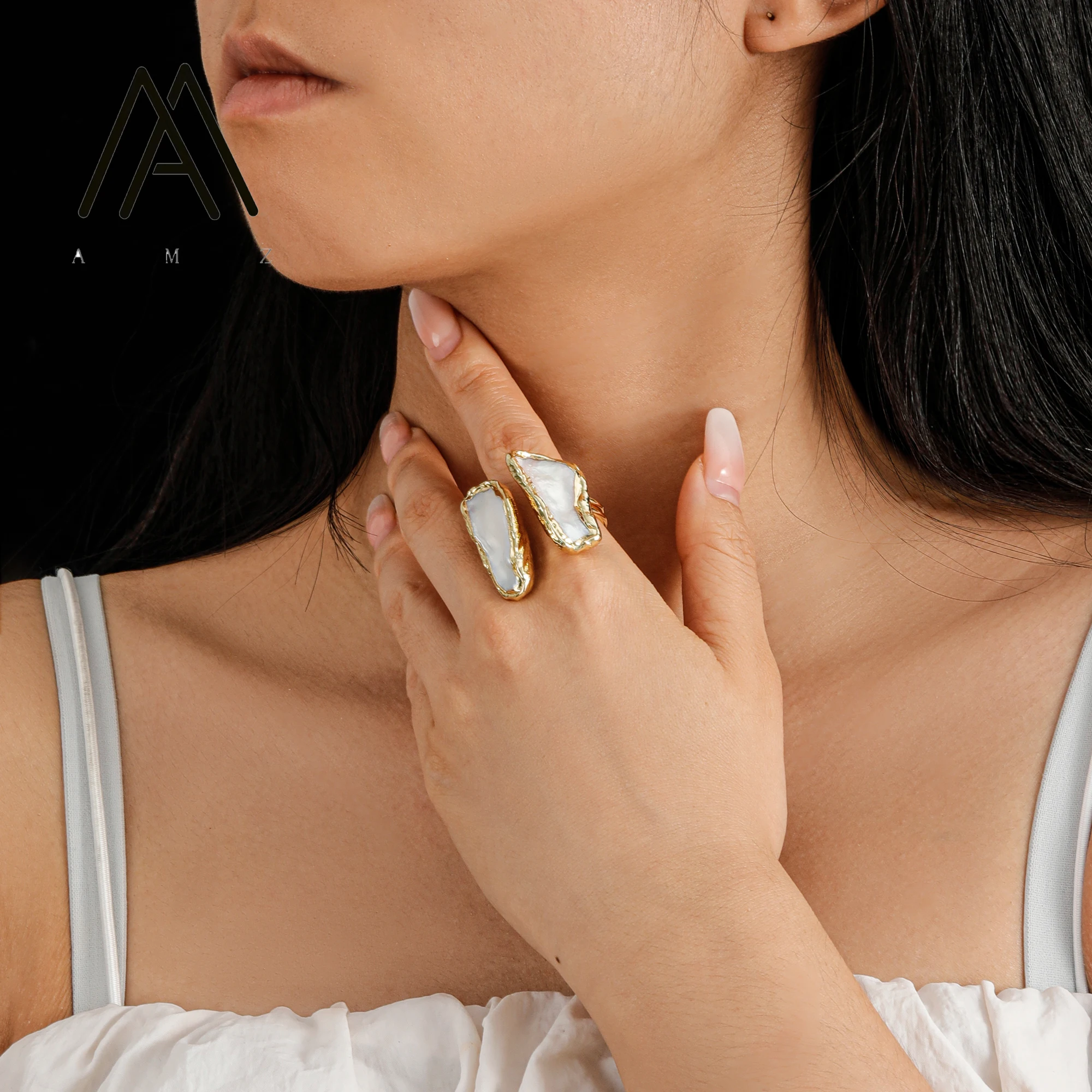 مجوهرات اللؤلؤ المفتوحة الفريدة من نوعها من اللؤلؤ الطبيعي خواتم فاخرة غير منتظمة مطلية بالذهب حصريًا للنساء ملابس الحفلات هدية مثالية