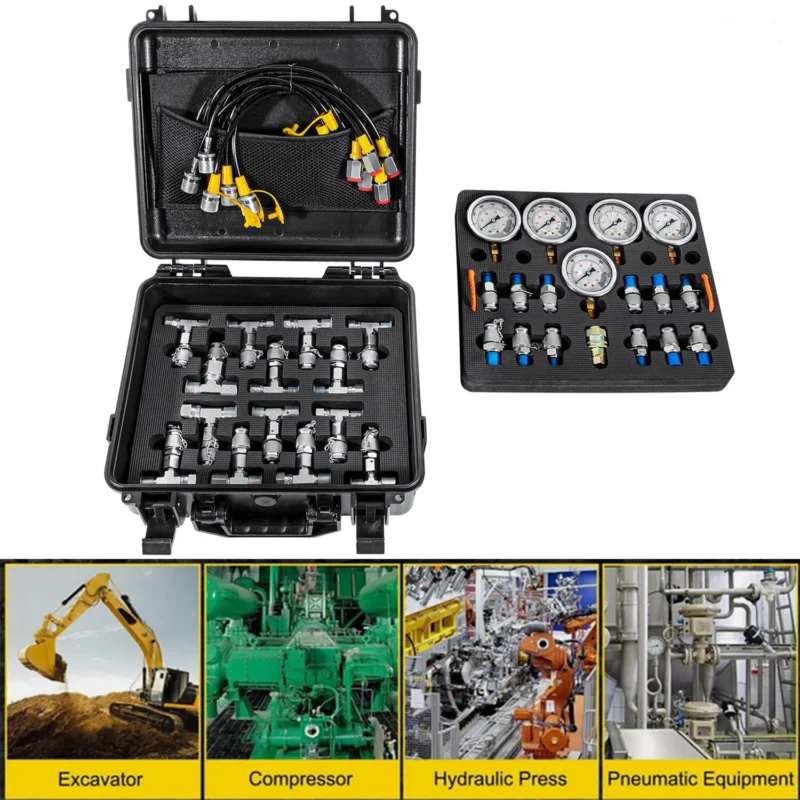 

Hydraulic Pressure Test Kit 5 Gauges 13 Test Couplings 14 Tee Connectors 5 Hoses