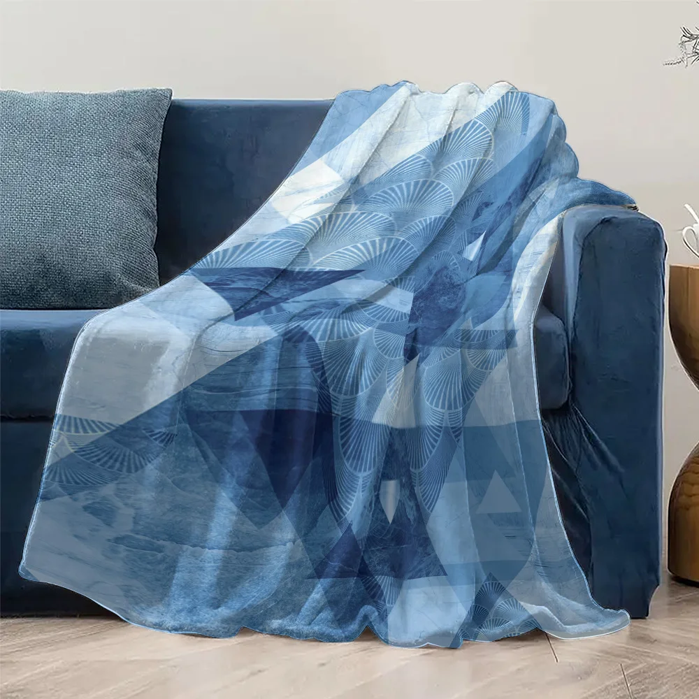 Blue Geometric Pattern Fleece Blanket - Abstract Triangle Design Throw Blanket for Sofa Bed Couch Gift