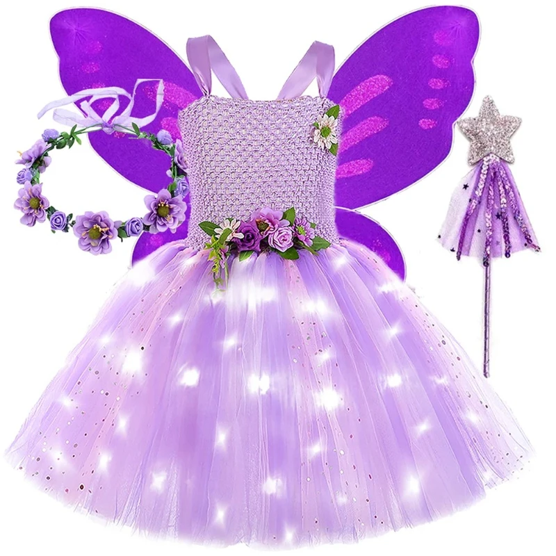 Purple Flower LED Lights Fairy Dress Jungle Fairy Princess Ballet Dress Includes Floral Girls Sparkling Wings and Magic Wand Set