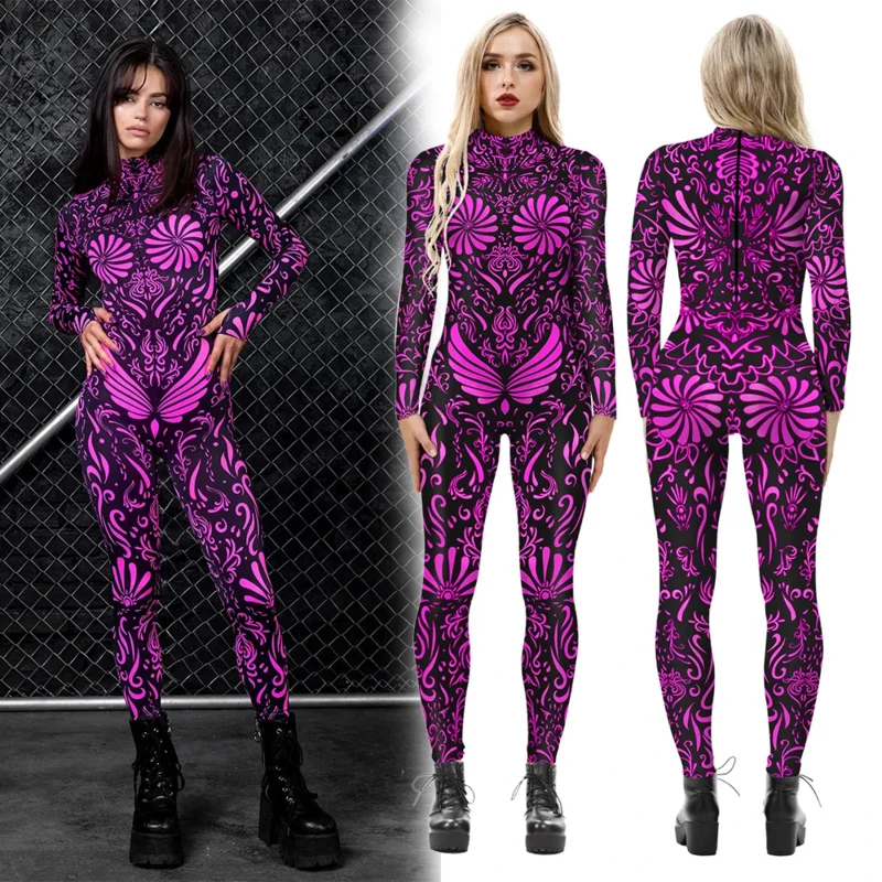 Vipfashion women rave cosplay costume Green Pink geometry print jumpsuits ladies Halloween party holiday zentai bodysuit outfit