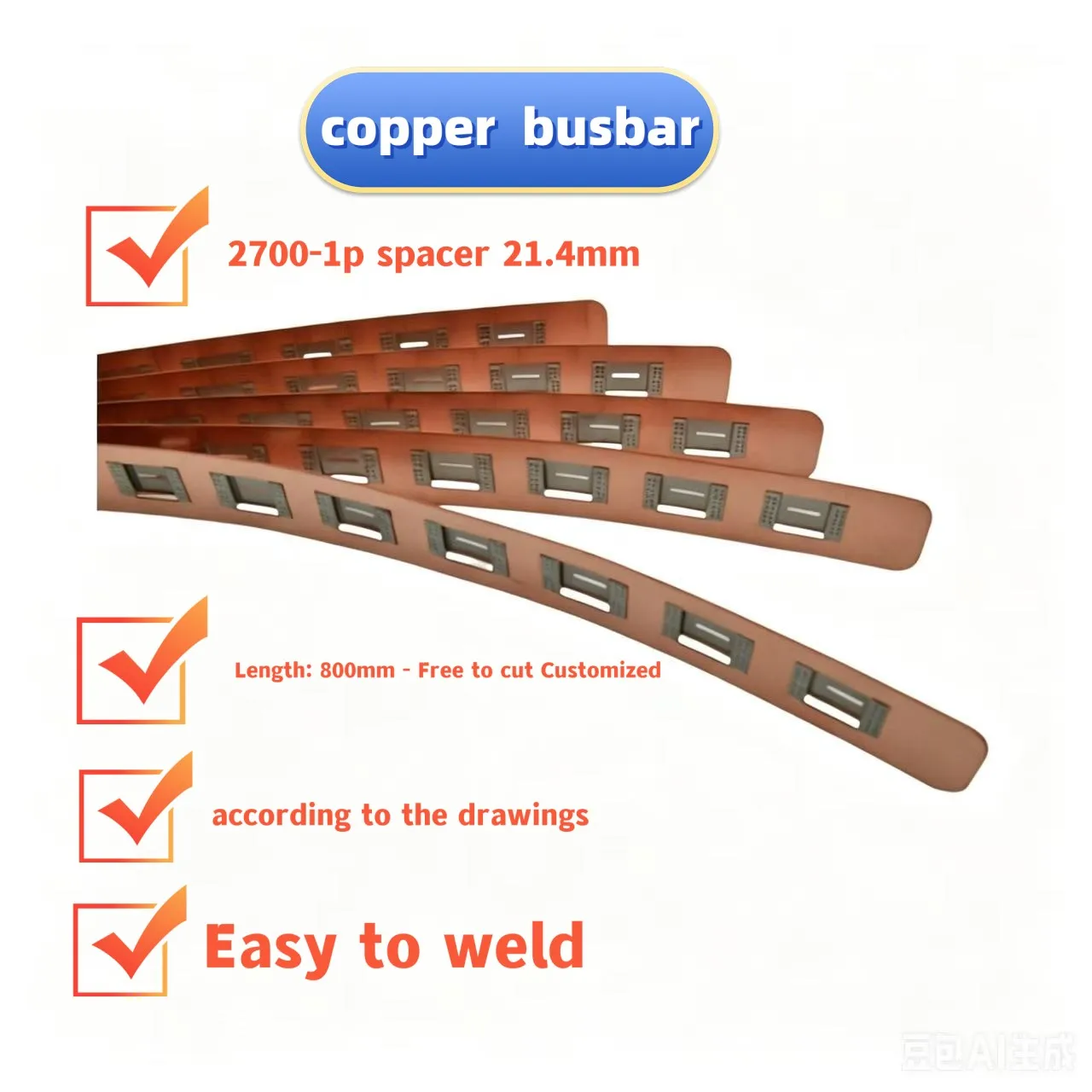 21700-1p Pure Copper Busbar 0.3mm Thick Center Distance 21.4mm Free Cut Custom Length No Support Required for Electrical Applica